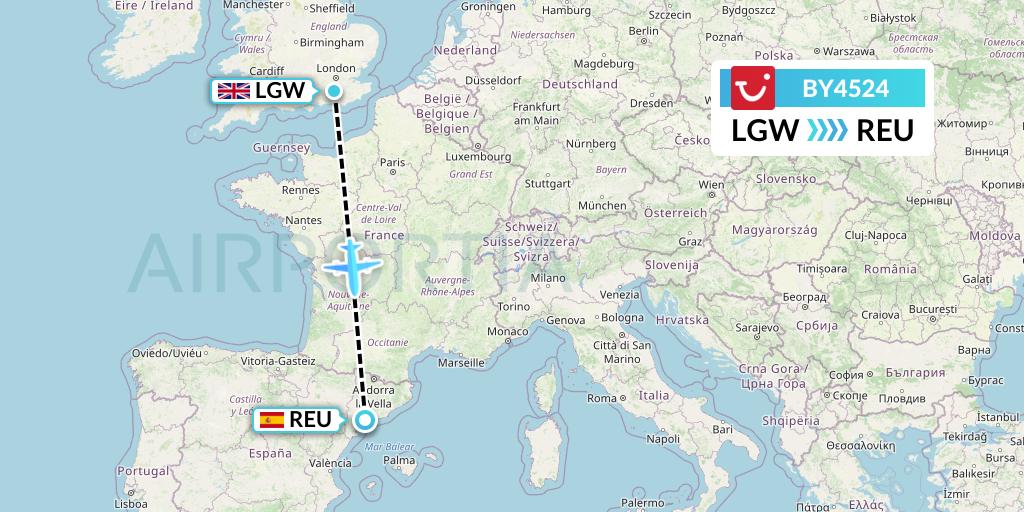 BY4524 TUI Airways Flight Map: London to Reus