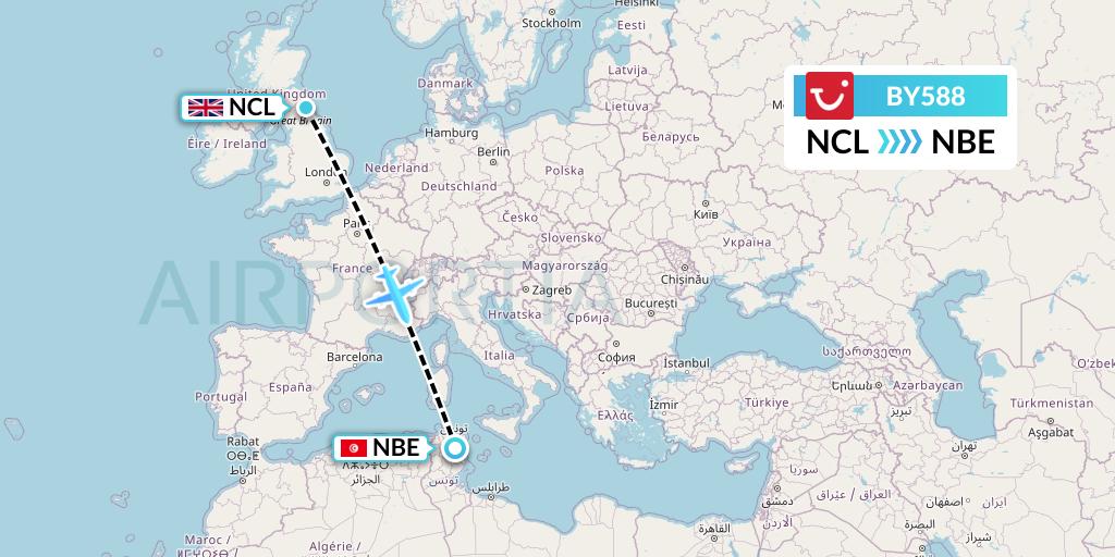 BY588 TUI Airways Flight Map: Newcastle to Enfidha