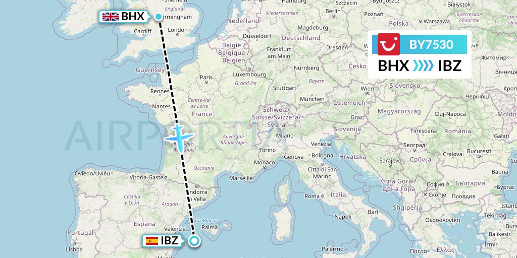 BY7530 TUI Airways Flight Map: Birmingham to Ibiza
