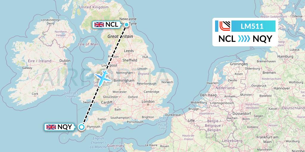 LM511 Loganair Flight Map: Newcastle to Newquay