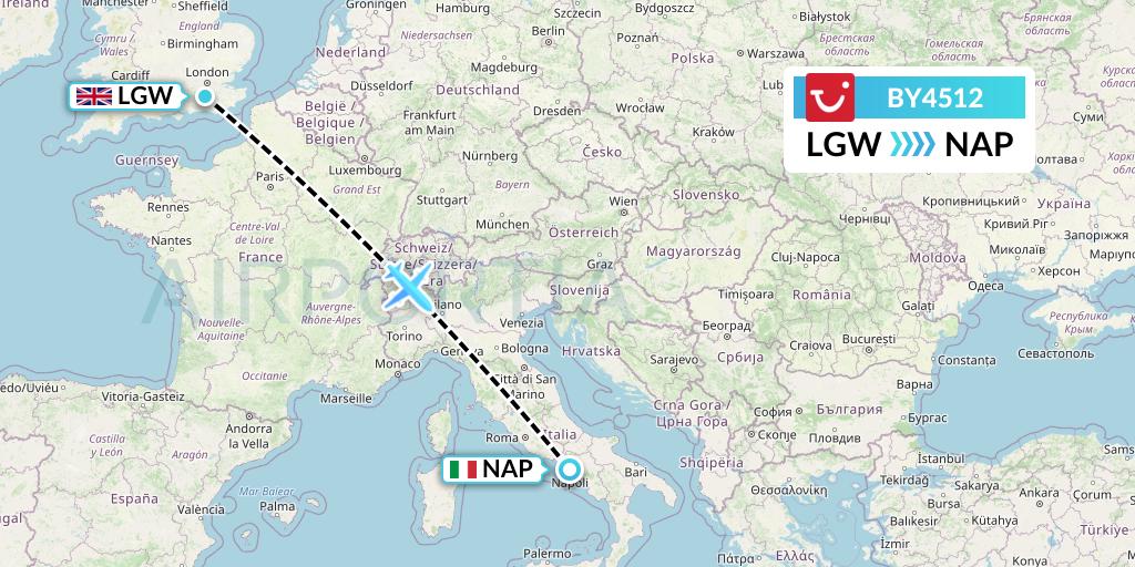BY4512 TUI Airways Flight Map: London to Naples