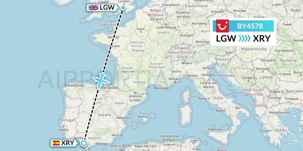 BY4578 TUI Airways Flight Map: London to Jerez