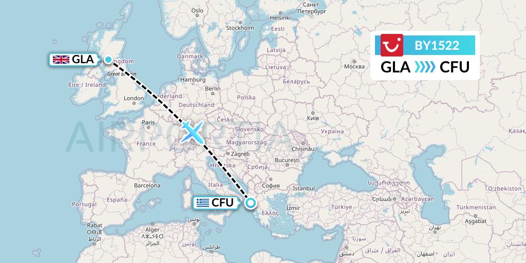 BY1522 TUI Airways Flight Map: Glasgow to Corfu