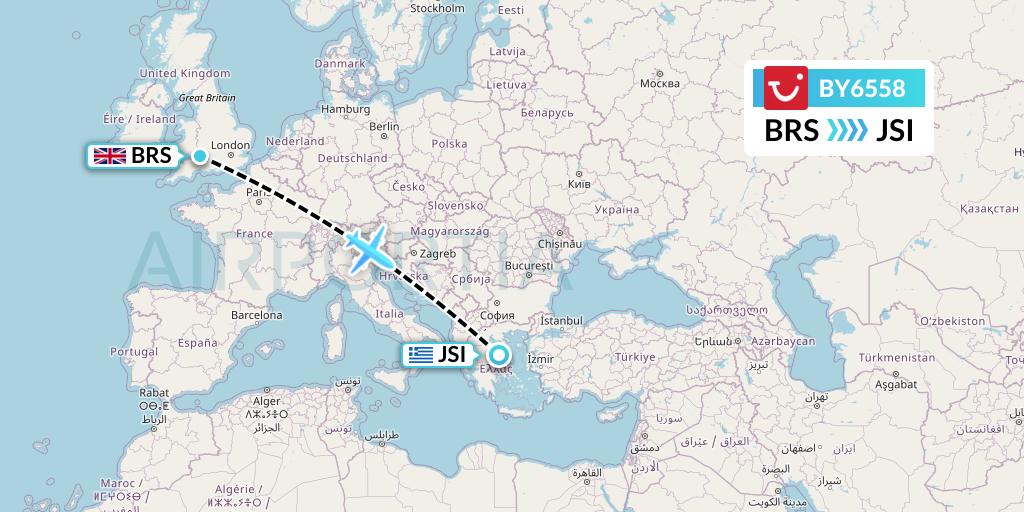 BY6558 TUI Airways Flight Map: Bristol to Skiathos