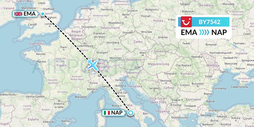 BY7542 TUI Airways Flight Map: East Midlands to Naples