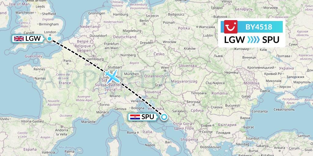 BY4518 TUI Airways Flight Map: London to Split