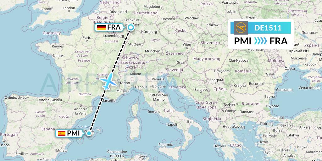 DE1511 Condor Flight Map: Palma de Mallorca to Frankfurt