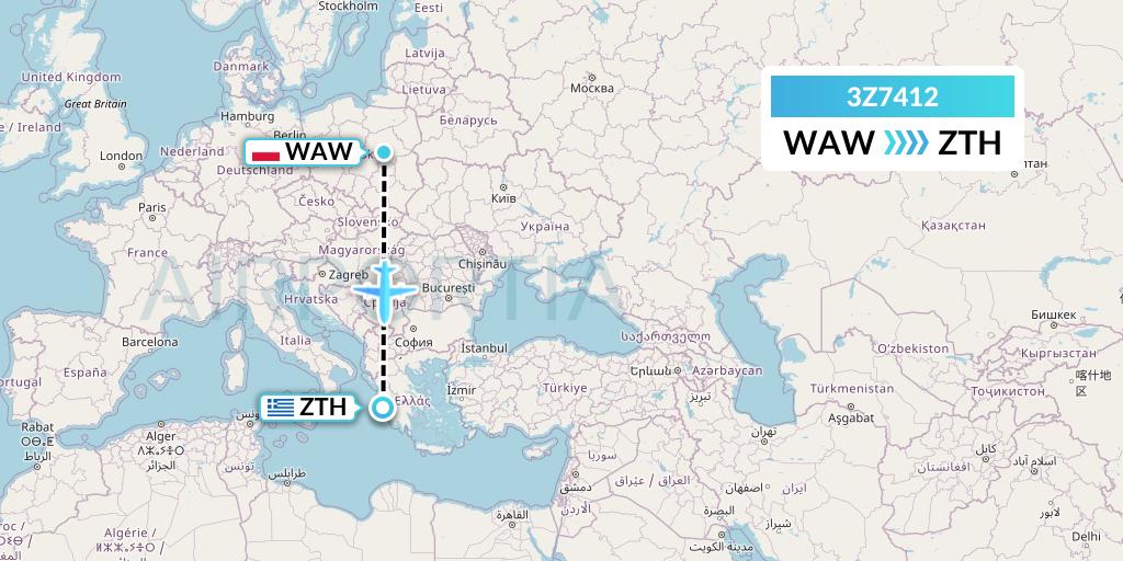 3Z7412 Travel Service Polska Flight Map: Warsaw to Zakynthos