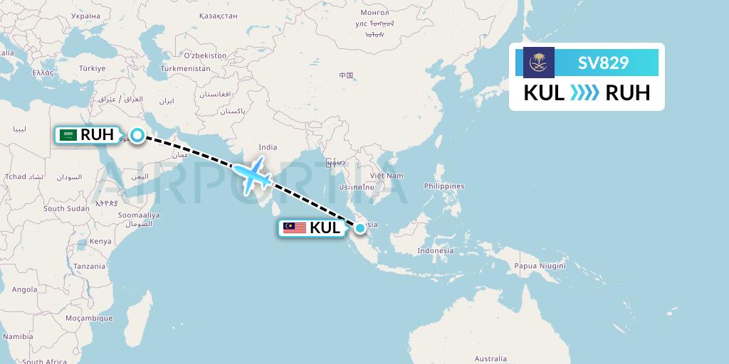 SV829 Saudi Arabian Airlines Flight Map: Kuala Lumpur to Riyadh