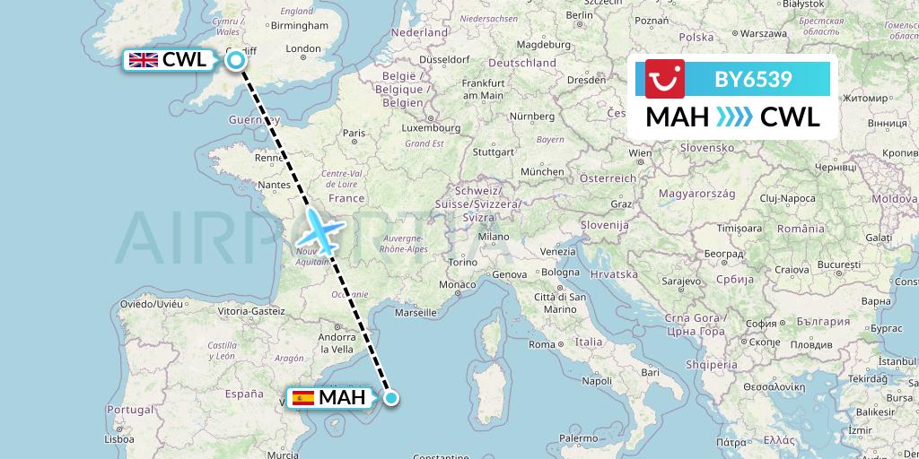 BY6539 TUI Airways Flight Map: Mahon to Cardiff