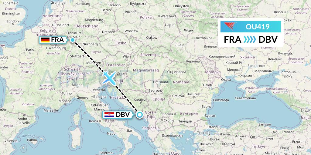 OU419 Croatia Airlines Flight Map: Frankfurt to Dubrovnik