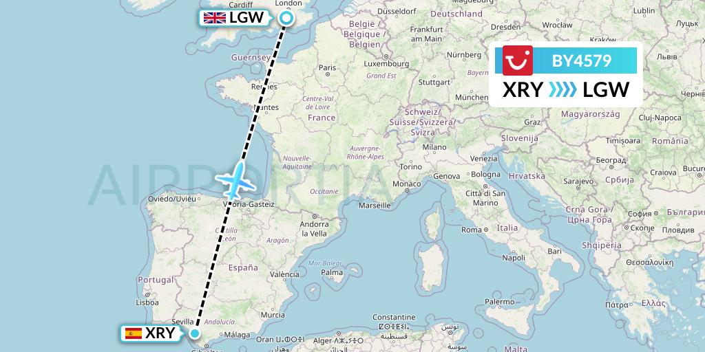 BY4579 TUI Airways Flight Map: Jerez to London