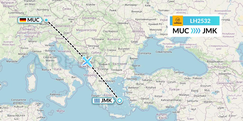 LH2532 Lufthansa Flight Map: Munich to Mykonos