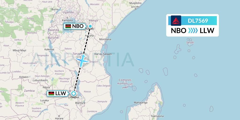 DL7569 Delta Air Lines Flight Map: Nairobi to Lilongwe