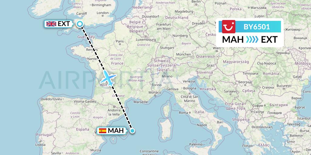BY6501 TUI Airways Flight Map: Mahon to Exeter