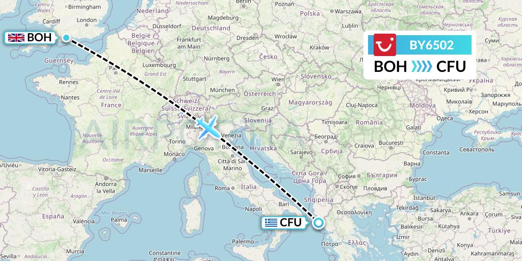 BY6502 TUI Airways Flight Map: Bournemouth to Corfu