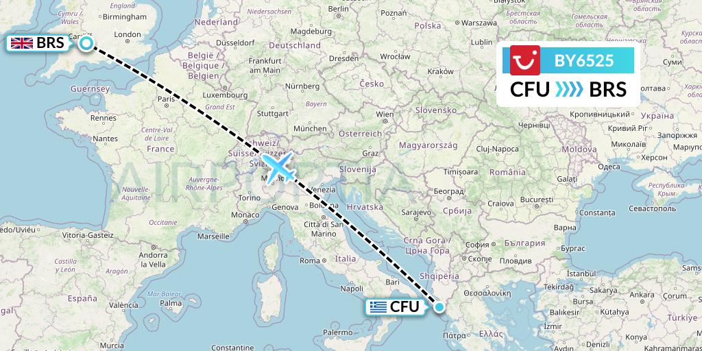 BY6525 TUI Airways Flight Map: Corfu to Bristol