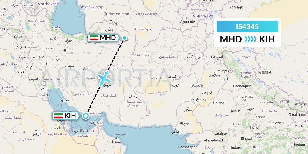 IS4345 Sepehran Airlines Flight Map: Mashhad to Kish Island