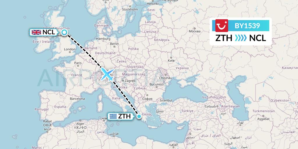 BY1539 TUI Airways Flight Map: Zakynthos to Newcastle