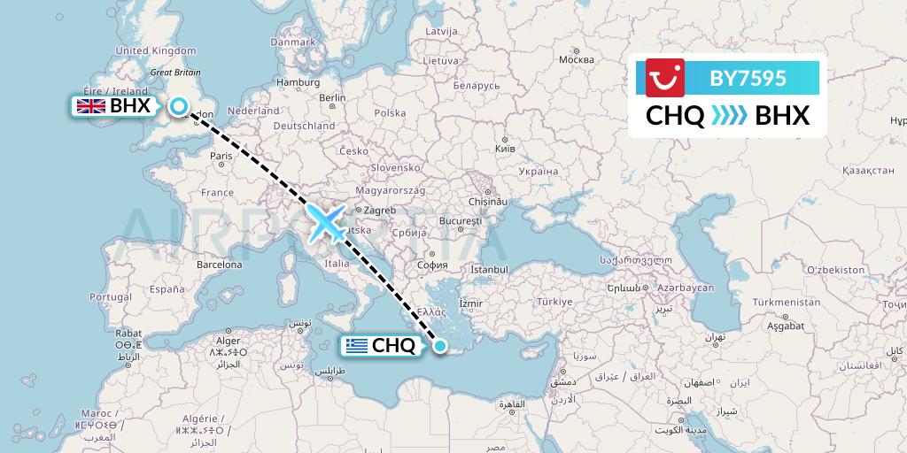 BY7595 TUI Airways Flight Map: Chania to Birmingham