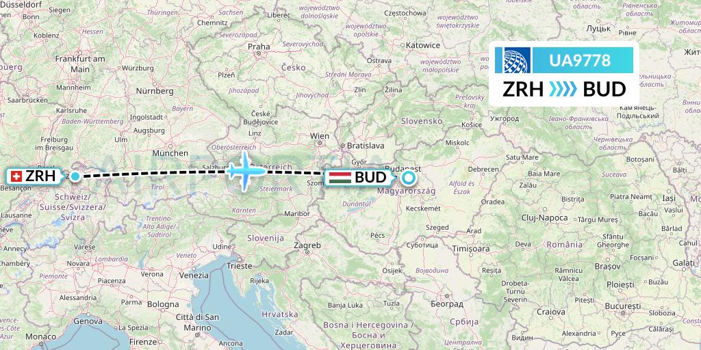 UA9778 United Airlines Flight Map: Zurich to Budapest
