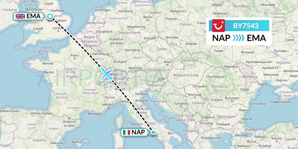 BY7543 TUI Airways Flight Map: Naples to East Midlands