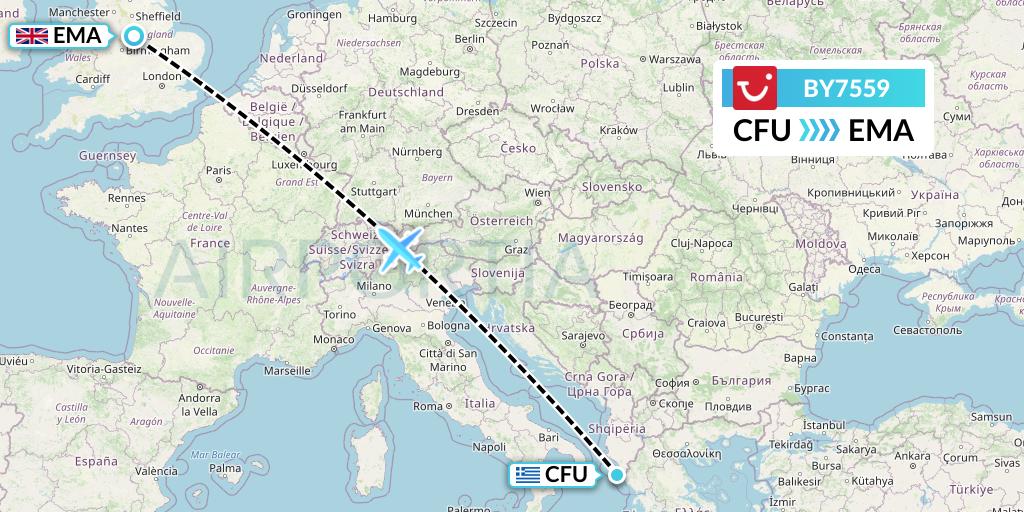 BY7559 TUI Airways Flight Map: Corfu to East Midlands