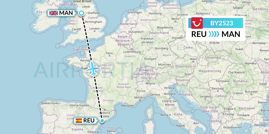 BY2523 TUI Airways Flight Map: Reus to Manchester