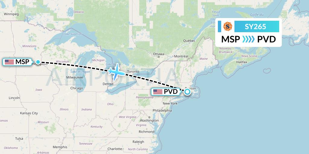 SY265 Sun Country Airlines Flight Map: Minneapolis to Providence