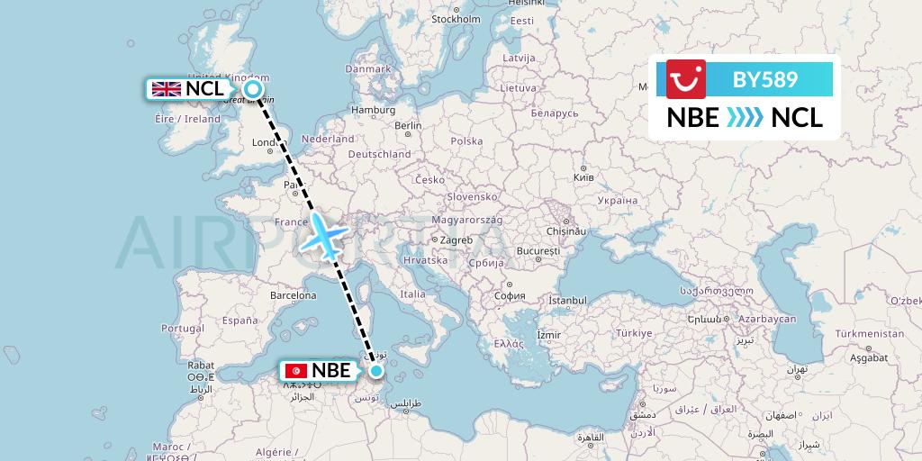 BY589 TUI Airways Flight Map: Enfidha to Newcastle