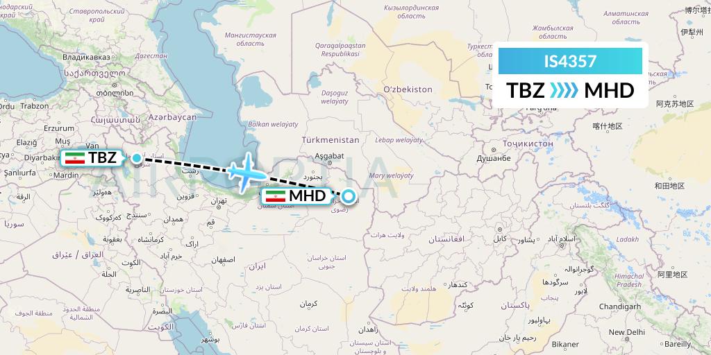 IS4357 Sepehran Airlines Flight Map: Tabriz to Mashhad