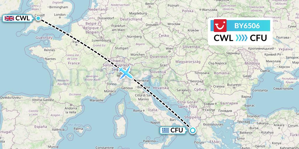 BY6506 TUI Airways Flight Map: Cardiff to Corfu