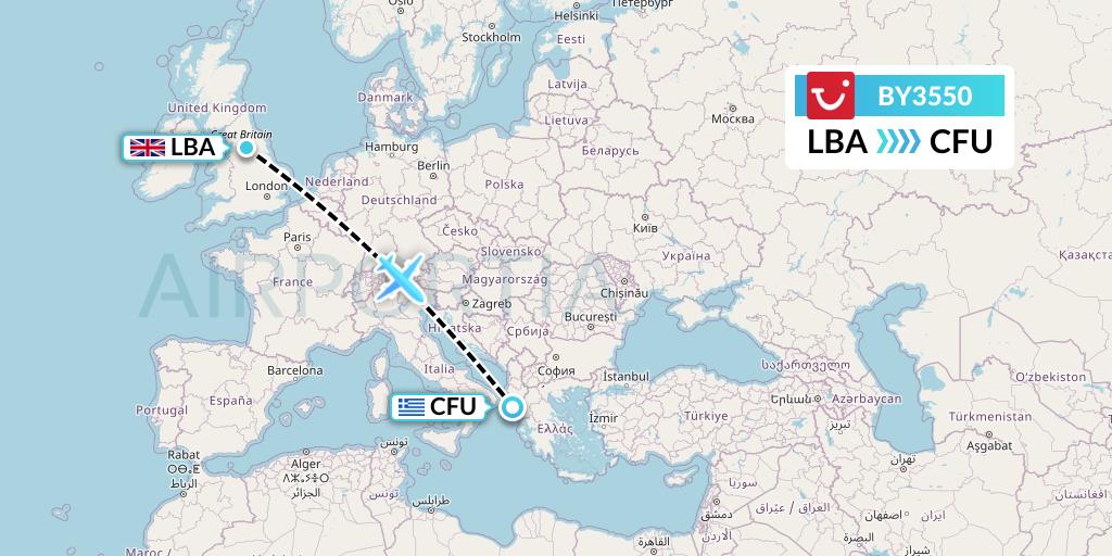 BY3550 TUI Airways Flight Map: Leeds to Corfu