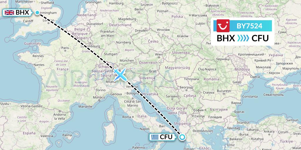 BY7524 TUI Airways Flight Map: Birmingham to Corfu