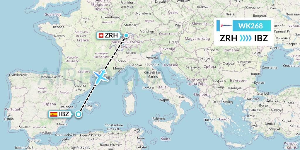 WK268 Edelweiss Air Flight Map: Zurich to Ibiza