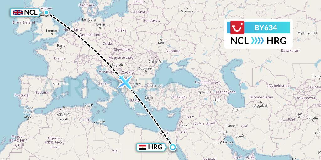 BY634 TUI Airways Flight Map: Newcastle to Hurghada