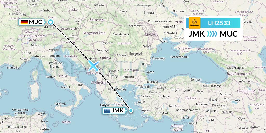 LH2533 Lufthansa Flight Map: Mykonos to Munich
