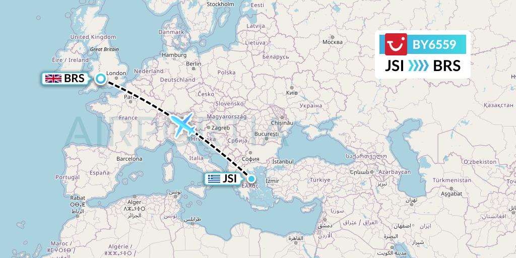 BY6559 TUI Airways Flight Map: Skiathos to Bristol