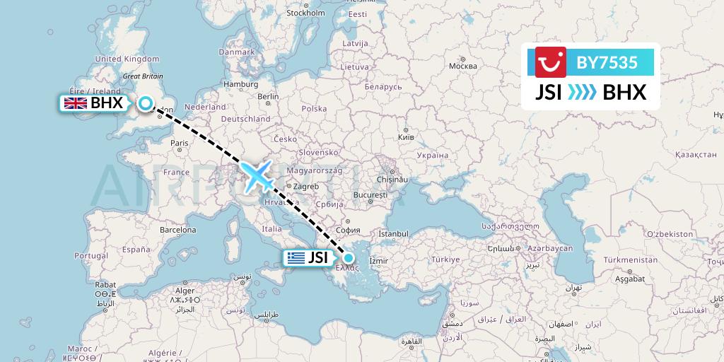 BY7535 TUI Airways Flight Map: Skiathos to Birmingham