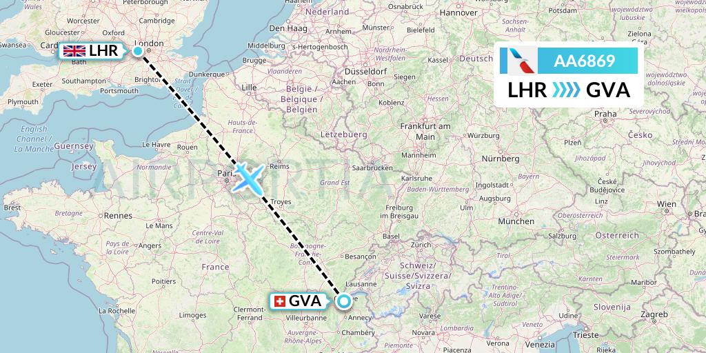 AA6869 American Airlines Flight Map: London to Geneva
