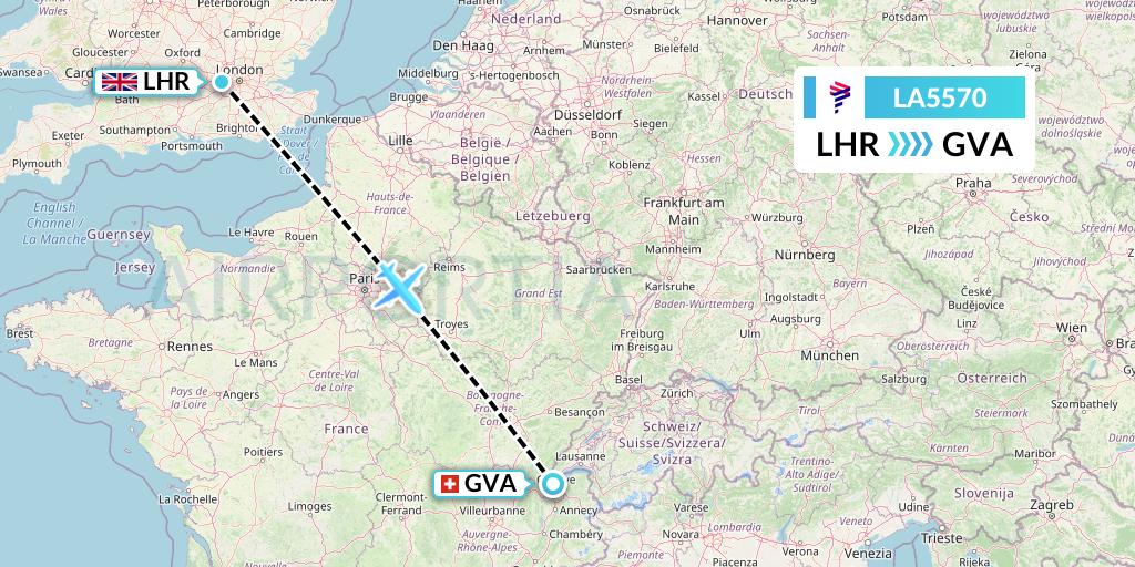 LA5570 LAN Airlines Flight Map: London to Geneva