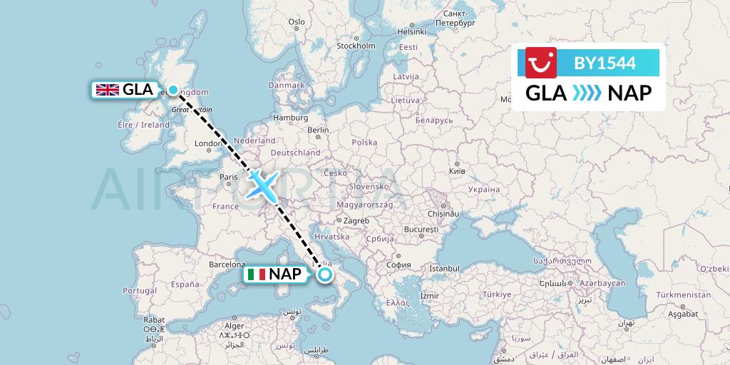 BY1544 TUI Airways Flight Map: Glasgow to Naples