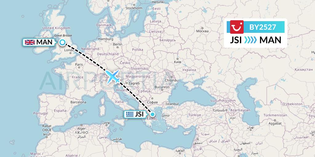 BY2527 TUI Airways Flight Map: Skiathos to Manchester