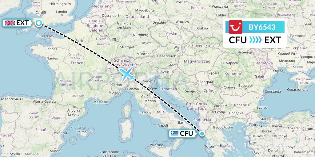BY6543 TUI Airways Flight Map: Corfu to Exeter