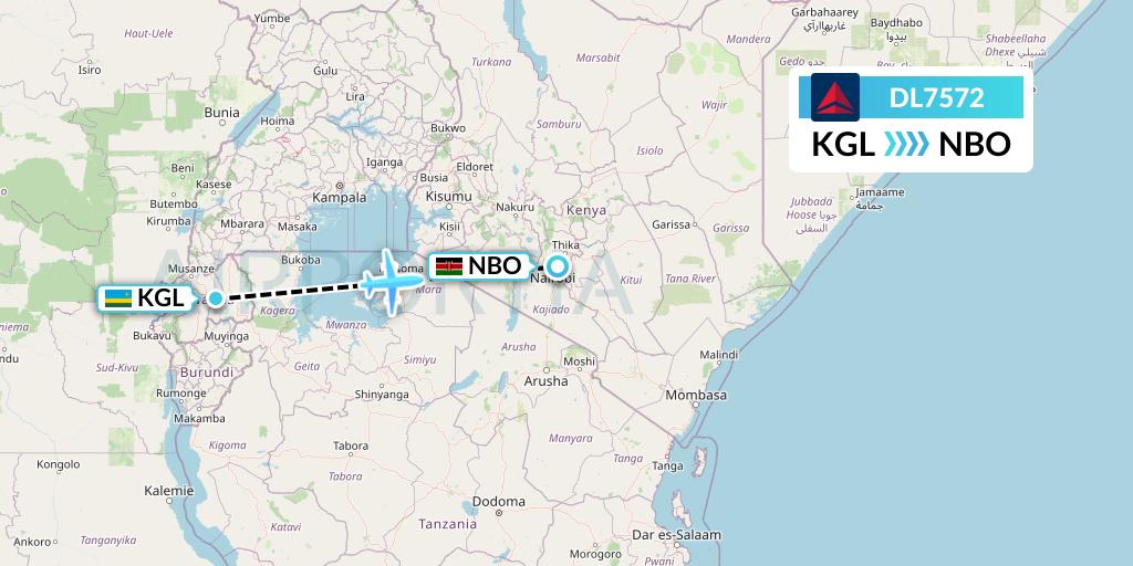 DL7572 Delta Air Lines Flight Map: Kigali to Nairobi