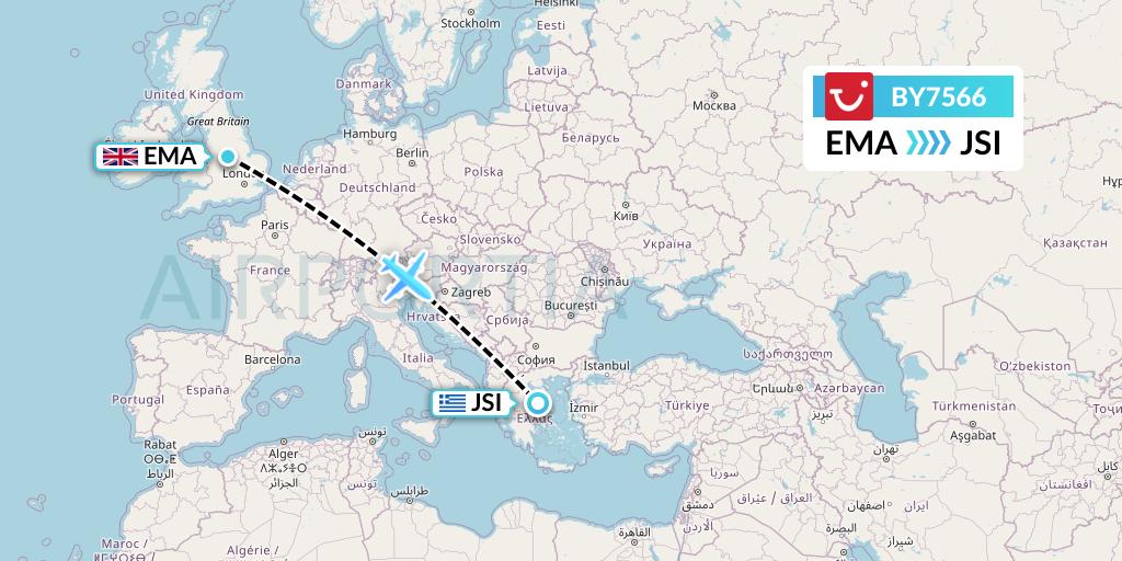 BY7566 TUI Airways Flight Map: East Midlands to Skiathos