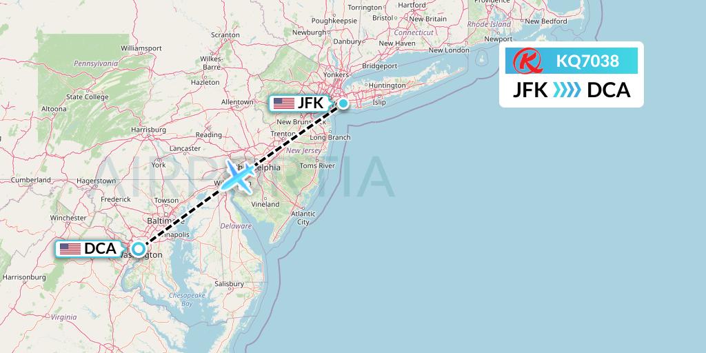 KQ7038 Kenya Airways Flight Map: New York to Washington
