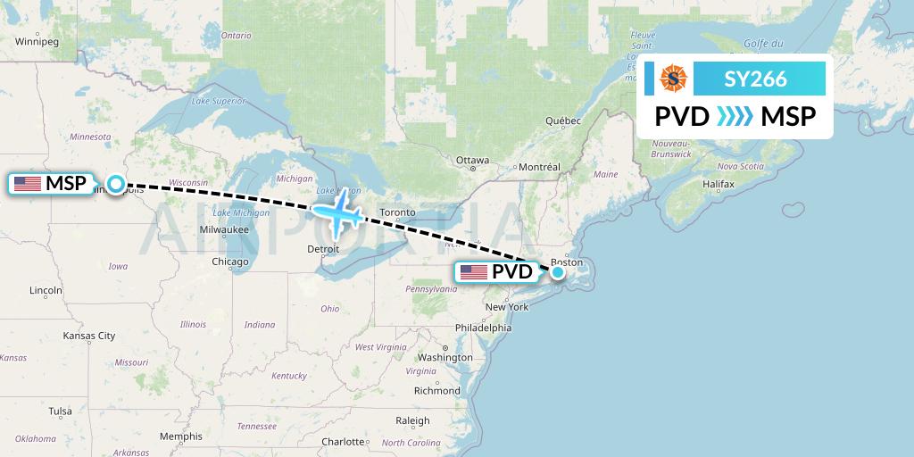 SY266 Sun Country Airlines Flight Map: Providence to Minneapolis