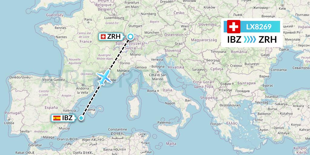 LX8269 Swiss Flight Map: Ibiza to Zurich