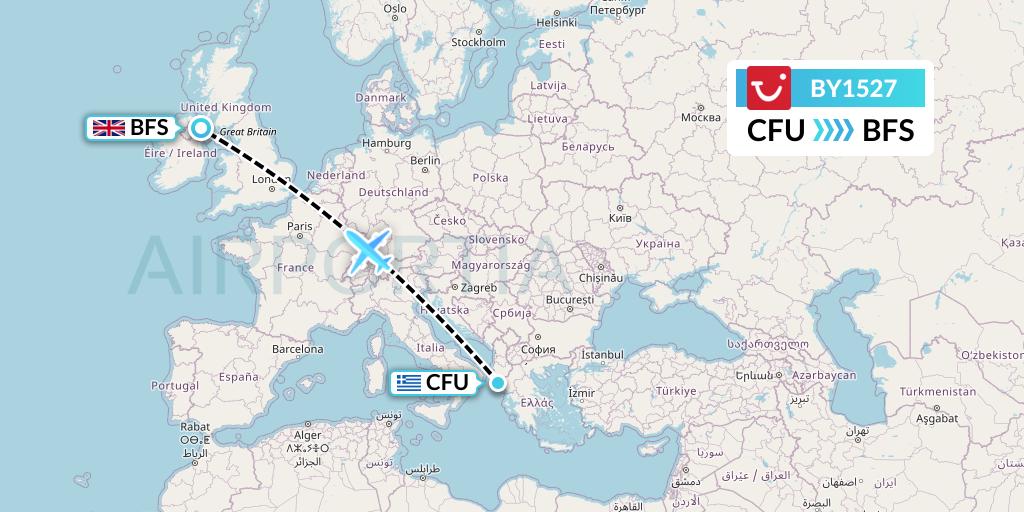 BY1527 TUI Airways Flight Map: Corfu to Belfast